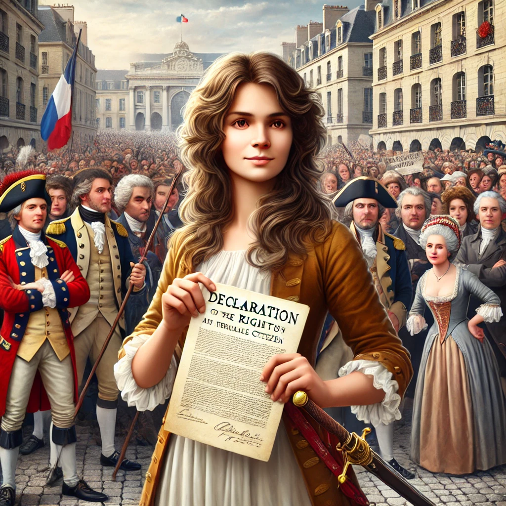 Olympe de Gouges sosteniendo la Declaración de los Derechos de la Mujer en plena Revolución Francesa.