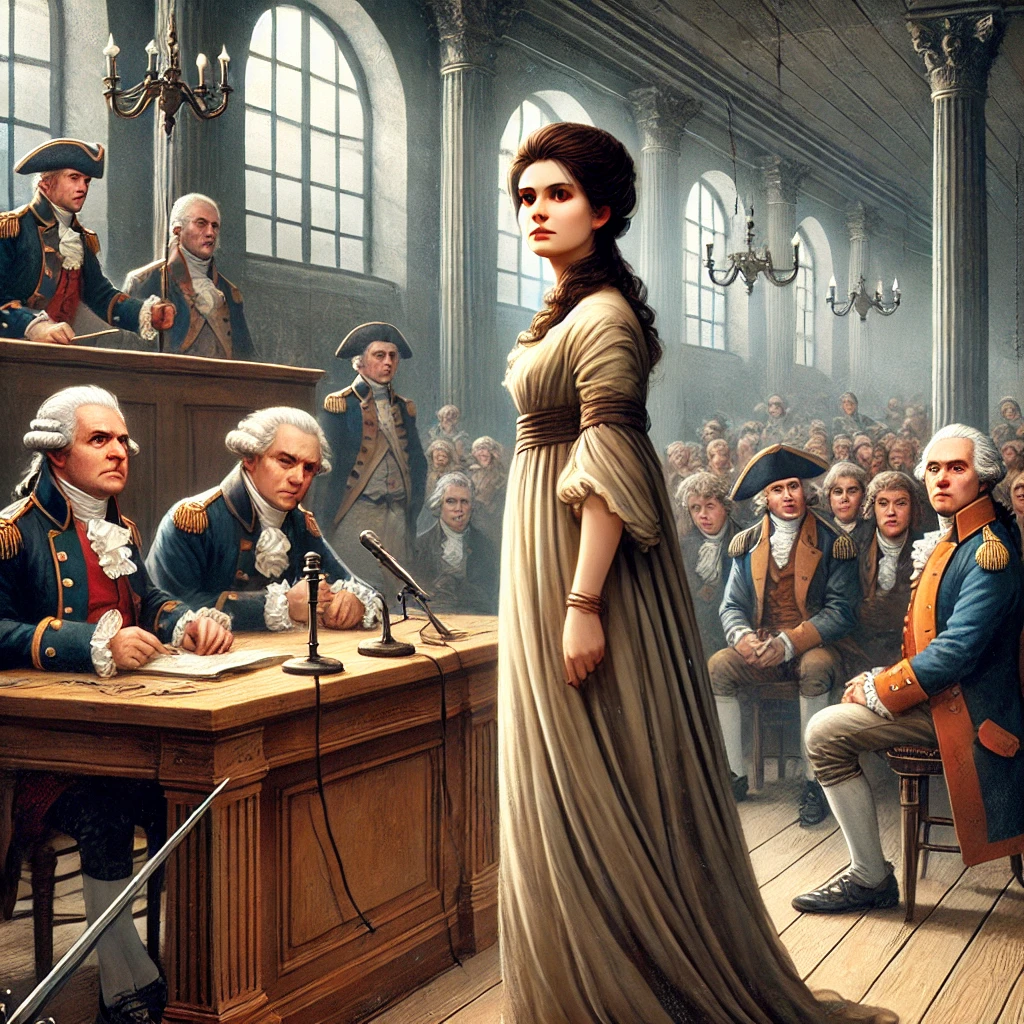 Olympe de Gouges ante el tribunal revolucionario en 1793.