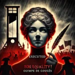 Representación dramática de Olympe de Gouges, una mujer valiente del siglo XVIII, con una pluma en la mano frente a la guillotina, simbolizando su lucha por la igualdad y su trágico destino.