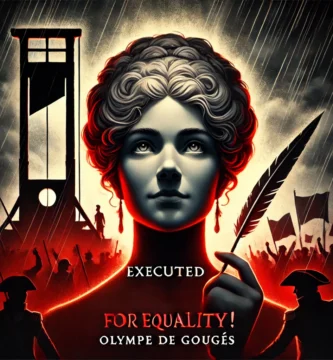 Representación dramática de Olympe de Gouges, una mujer valiente del siglo XVIII, con una pluma en la mano frente a la guillotina, simbolizando su lucha por la igualdad y su trágico destino.