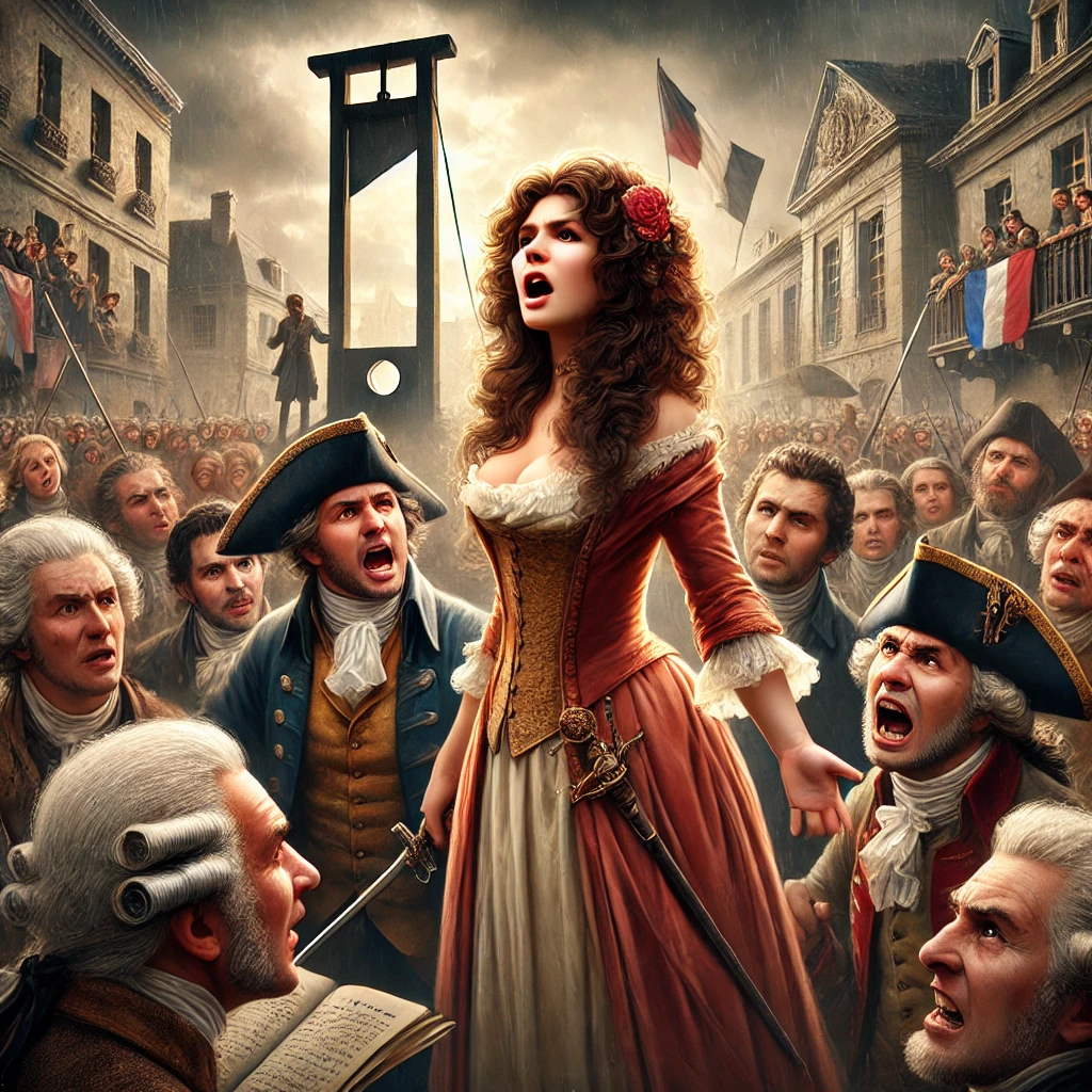 Escena dramática de Olympe de Gouges enfrentando a los revolucionarios durante la Revolución Francesa.