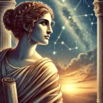 Ilustración inspiradora de Hipatia de Alejandría, la filósofa y astrónoma, de pie bajo un cielo estrellado. Sostiene pergaminos en sus manos mientras mira hacia las estrellas, simbolizando su búsqueda incansable de conocimiento y su conexión con el cosmos. La escena refleja serenidad, sabiduría y el legado de una de las grandes mentes de la historia
