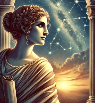 Ilustración inspiradora de Hipatia de Alejandría, la filósofa y astrónoma, de pie bajo un cielo estrellado. Sostiene pergaminos en sus manos mientras mira hacia las estrellas, simbolizando su búsqueda incansable de conocimiento y su conexión con el cosmos. La escena refleja serenidad, sabiduría y el legado de una de las grandes mentes de la historia