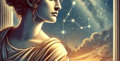 Ilustración inspiradora de Hipatia de Alejandría, la filósofa y astrónoma, de pie bajo un cielo estrellado. Sostiene pergaminos en sus manos mientras mira hacia las estrellas, simbolizando su búsqueda incansable de conocimiento y su conexión con el cosmos. La escena refleja serenidad, sabiduría y el legado de una de las grandes mentes de la historia