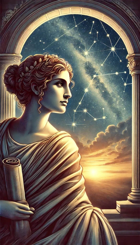 Ilustración inspiradora de Hipatia de Alejandría, la filósofa y astrónoma, de pie bajo un cielo estrellado. Sostiene pergaminos en sus manos mientras mira hacia las estrellas, simbolizando su búsqueda incansable de conocimiento y su conexión con el cosmos. La escena refleja serenidad, sabiduría y el legado de una de las grandes mentes de la historia