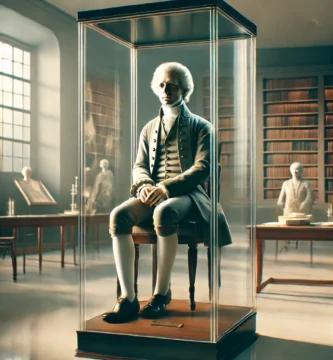 Ilustración vertical cinematográfica de Jeremy Bentham embalsamado, colocado en una vitrina, con su cuerpo sentado y vestido, rodeado por un ambiente académico que evoca su legado filosófico.