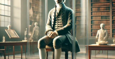 Ilustración vertical cinematográfica de Jeremy Bentham embalsamado, colocado en una vitrina, con su cuerpo sentado y vestido, rodeado por un ambiente académico que evoca su legado filosófico.