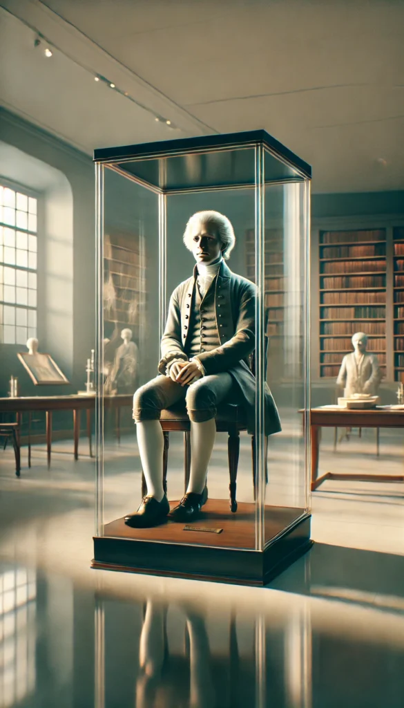 Ilustración vertical cinematográfica de Jeremy Bentham embalsamado, colocado en una vitrina, con su cuerpo sentado y vestido, rodeado por un ambiente académico que evoca su legado filosófico.