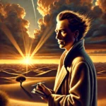 Una figura solitaria camina por un vasto desierto bajo un cielo brillante, simbolizando la búsqueda del sentido de la vida en un mundo aparentemente absurdo, inspirado en las ideas de Albert Camus