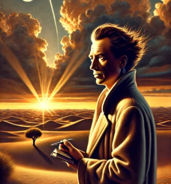 Una figura solitaria camina por un vasto desierto bajo un cielo brillante, simbolizando la búsqueda del sentido de la vida en un mundo aparentemente absurdo, inspirado en las ideas de Albert Camus