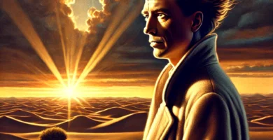 Una figura solitaria camina por un vasto desierto bajo un cielo brillante, simbolizando la búsqueda del sentido de la vida en un mundo aparentemente absurdo, inspirado en las ideas de Albert Camus