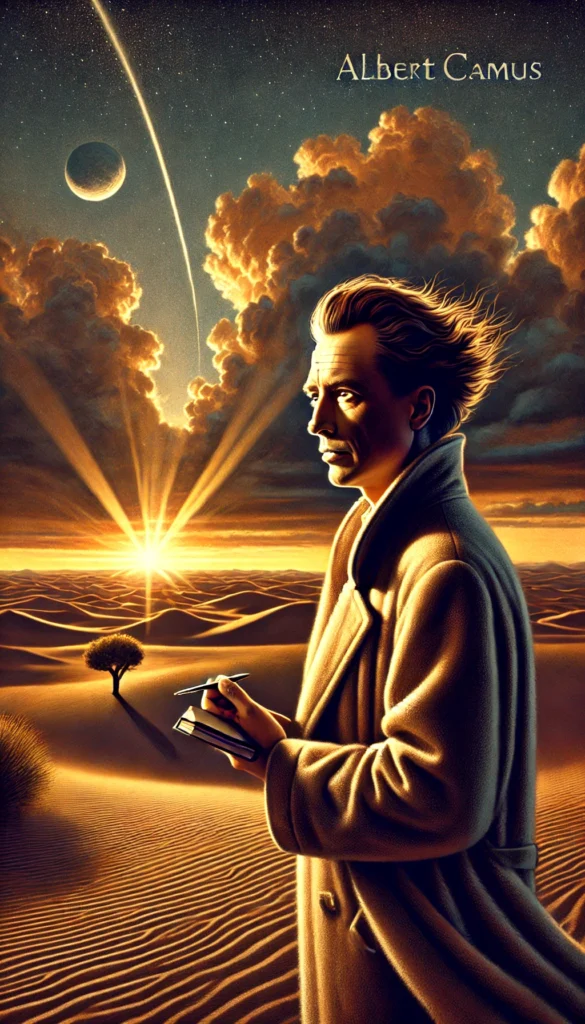 Una figura solitaria camina por un vasto desierto bajo un cielo brillante, simbolizando la búsqueda del sentido de la vida en un mundo aparentemente absurdo, inspirado en las ideas de Albert Camus
