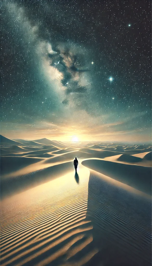 Una representación artística que simboliza la búsqueda del sentido de la vida, con un camino sinuoso atravesando un paisaje desolado hacia un horizonte iluminado, evocando la filosofía existencialista