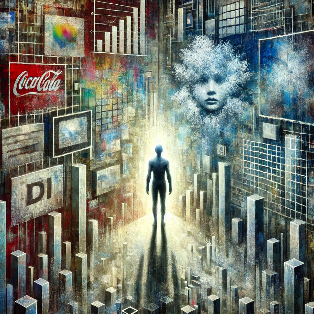 Una figura humana sin rostro, rodeada de una caótica maraña de pantallas, cables y anuncios que representan el control de la sociedad moderna. Los colores fríos y brillantes enfatizan la desconexión y manipulación.