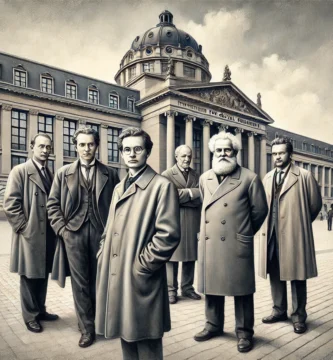 Una representación artística de los filósofos de la Escuela de Frankfurt (Adorno, Marcuse y Horkheimer) frente al Instituto de Investigación Social en Frankfurt, Alemania. La arquitectura clásica del edificio destaca en el fondo, mientras los pensadores aparecen en poses reflexivas, vestidos con ropa de mediados del siglo XX.
