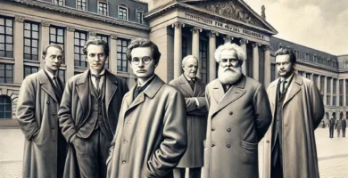 Una representación artística de los filósofos de la Escuela de Frankfurt (Adorno, Marcuse y Horkheimer) frente al Instituto de Investigación Social en Frankfurt, Alemania. La arquitectura clásica del edificio destaca en el fondo, mientras los pensadores aparecen en poses reflexivas, vestidos con ropa de mediados del siglo XX.
