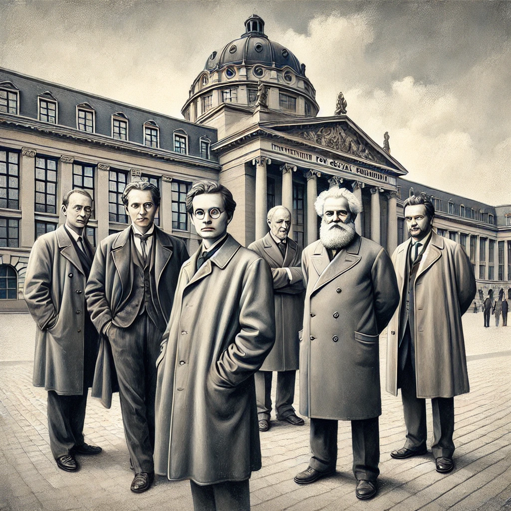 Una representación artística de los filósofos de la Escuela de Frankfurt (Adorno, Marcuse y Horkheimer) frente al Instituto de Investigación Social en Frankfurt, Alemania. La arquitectura clásica del edificio destaca en el fondo, mientras los pensadores aparecen en poses reflexivas, vestidos con ropa de mediados del siglo XX.