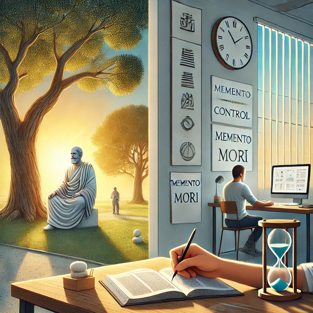 Principios estoicos aplicados a la vida moderna en una ilustración realista.
Leyenda: Escena que combina filosofía antigua y práctica moderna: journaling, meditación y la contemplación de la mortalidad a través de símbolos como un reloj de arena.
Etiquetas: estoicismo, filosofía moderna, journaling, meditación, mem