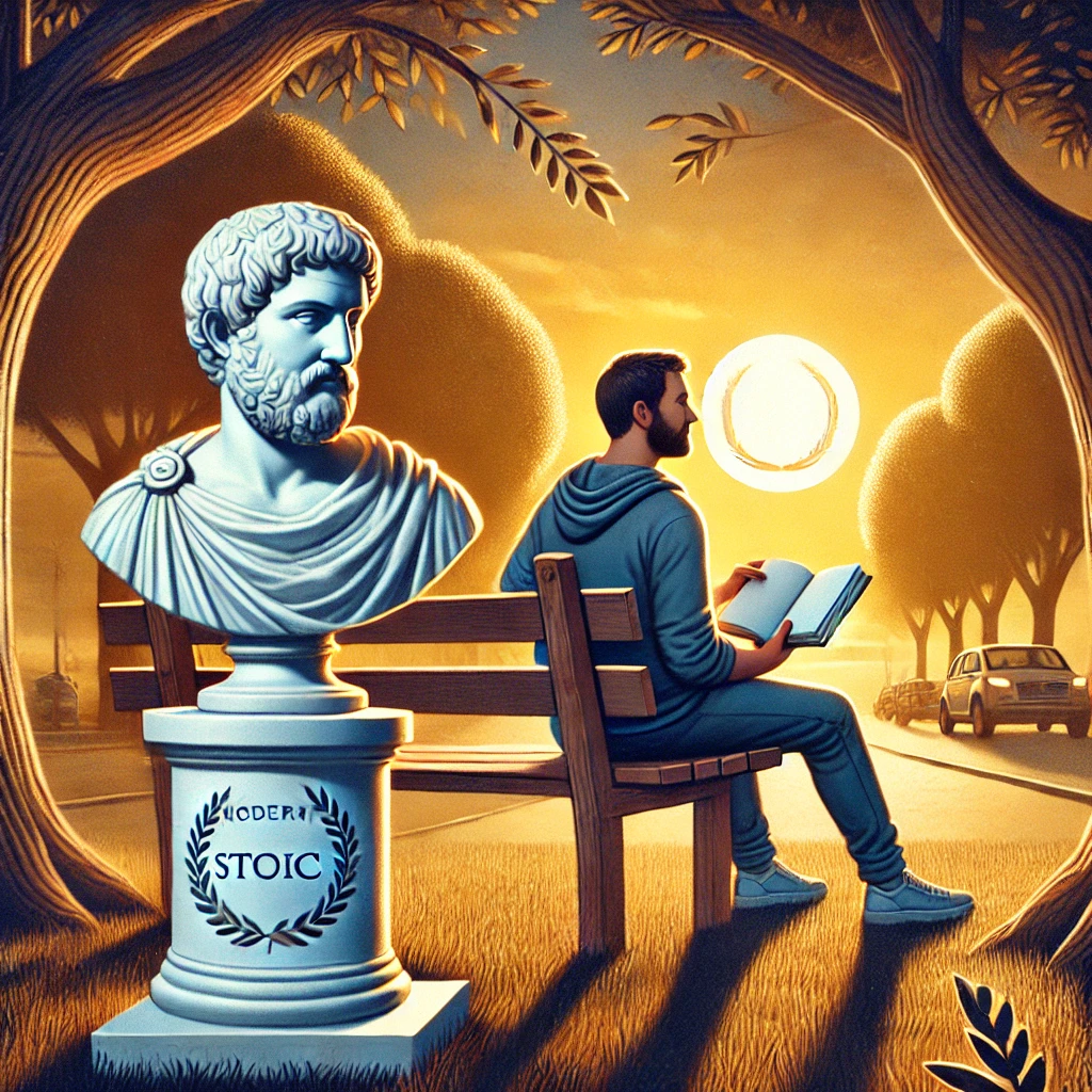 Escena reflexiva ilustrada sobre el estoicismo moderno al atardecer.