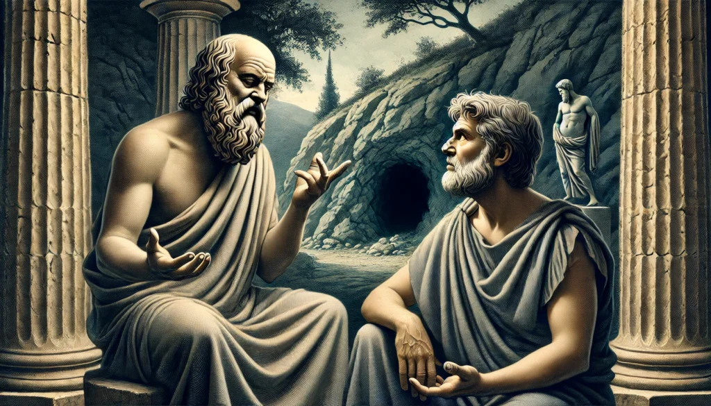 Platon explicando el mito de la caverna que aparece en la República de Platon.