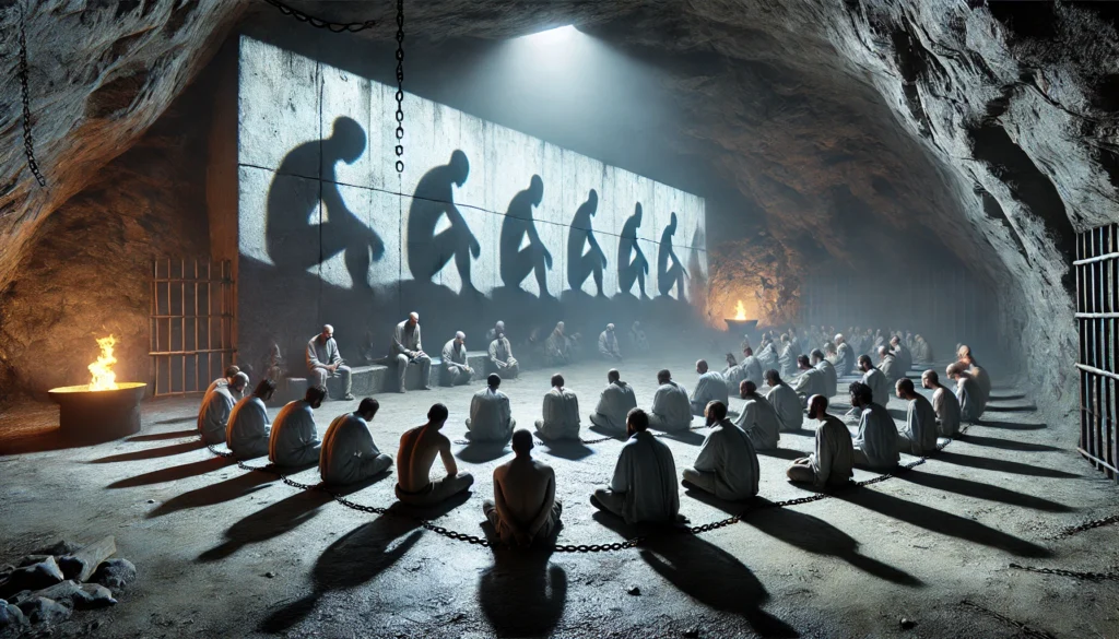 Representación del mito de la caverna de Platón con sombras proyectadas en la pared.Esta imagen representa el famoso mito de la caverna de Platón. En el centro, se observa a prisioneros encadenados dentro de una cueva oscura, mirando hacia una pared donde se proyectan sombras creadas por figuras humanas y fuego. Las cadenas y la tenue iluminación subrayan la temática filosófica de la percepción, la verdad y la liberación.