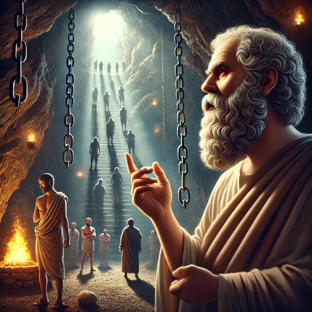 Sócrates explicando el mito de la caverna con figuras subiendo hacia la luz. En esta ilustración se muestra a Sócrates dentro de la caverna del famoso mito, explicando a un grupo de personas encadenadas la posibilidad de liberarse y buscar la verdad. Al fondo, una escalera hacia la luz simboliza el ascenso hacia el conocimiento y la iluminación, mientras las cadenas rotas refuerzan la idea de liberación de la ignorancia.