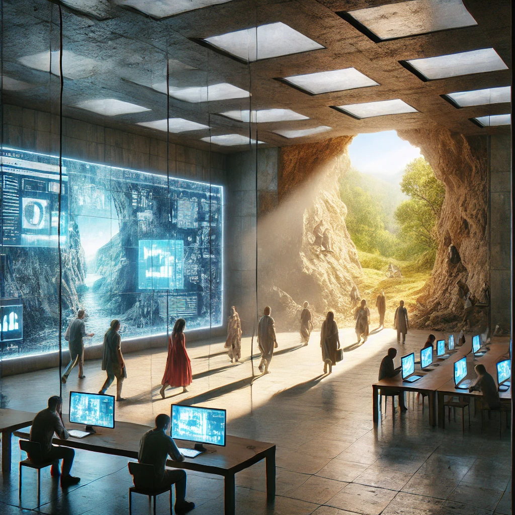 Interpretación moderna del mito de la caverna.Esta imagen simboliza el mito de la caverna de Platón en un contexto moderno. En un entorno urbano, personas están absortas frente a pantallas digitales que proyectan imágenes y sombras, mientras que unas pocas se aventuran hacia la salida luminosa que conduce a un paisaje natural, representando la búsqueda de la verdad y la liberación de las ilusiones.